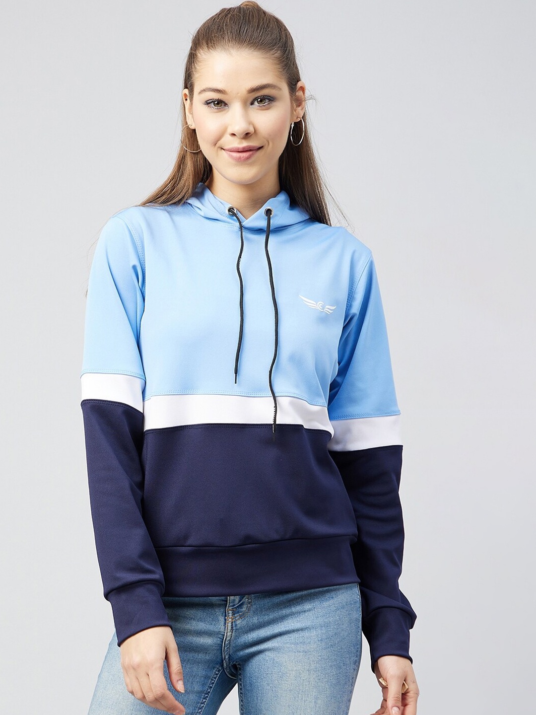 

CHROME & CORAL Women Colourblocked Hooded Sweatshirt, Blue