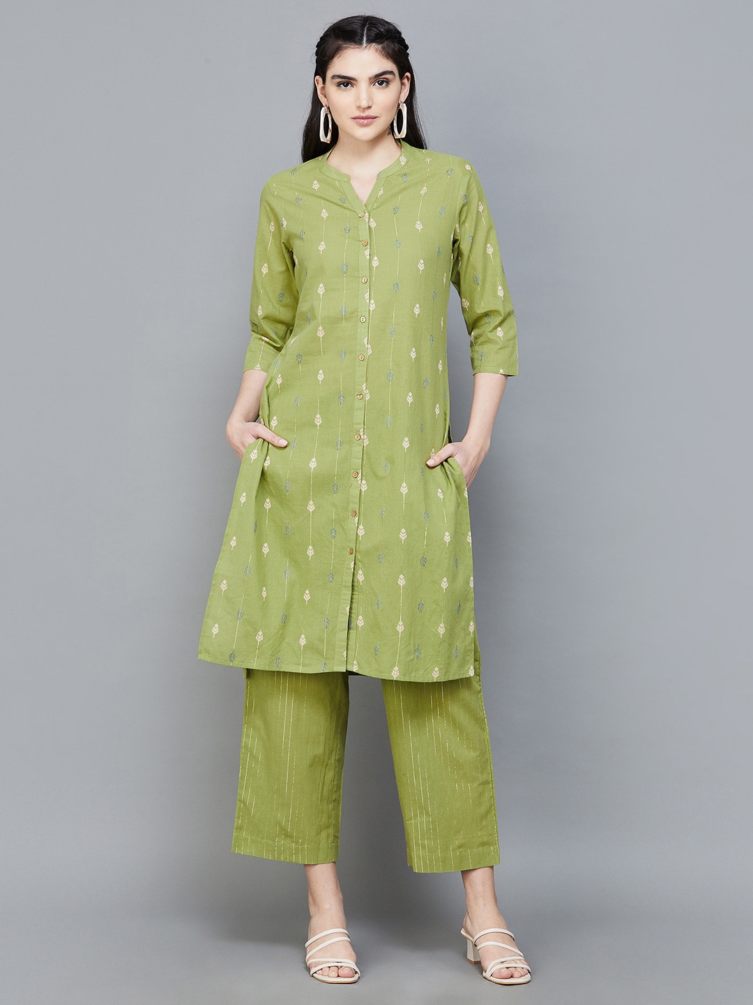 

Melange by Lifestyle Ethnic Motifs Woven Design Pure Cotton Straight Kurta with Trouser, Olive