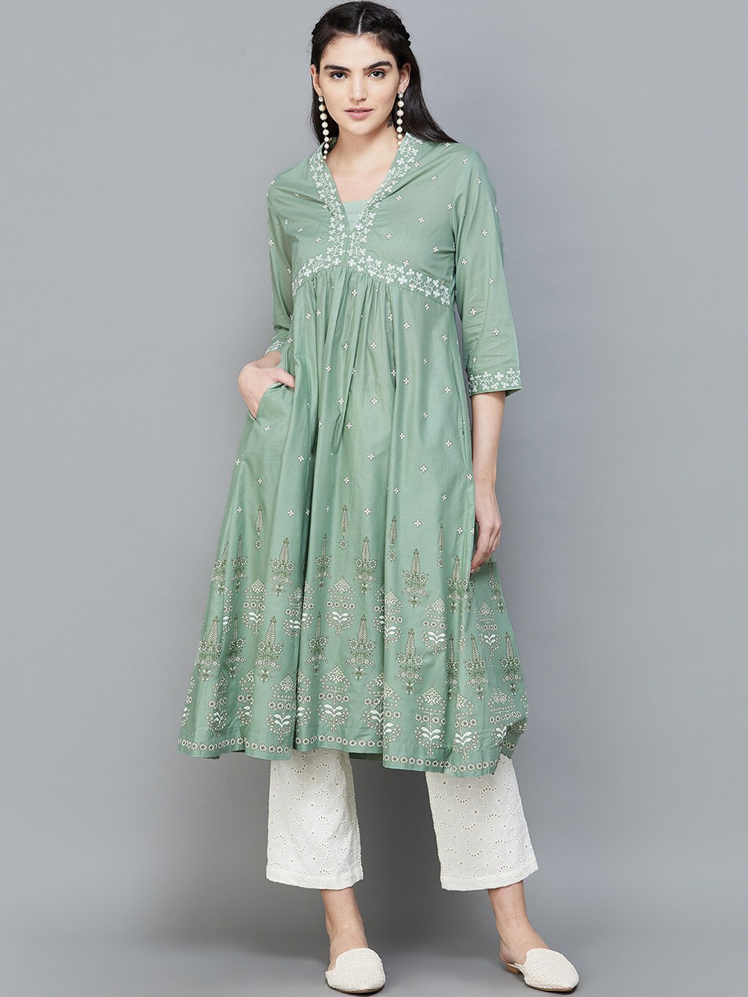 

Melange by Lifestyle Geometric Cotton Yoke Design Anarkali Kurta, Olive