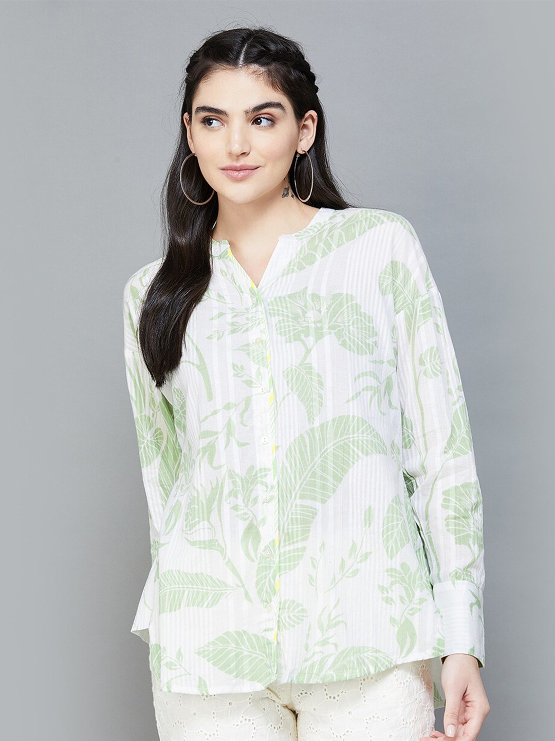 

Melange by Lifestyle Floral Printed Mandarin Collar Cuffed Sleeves Cotton Tunic, Off white