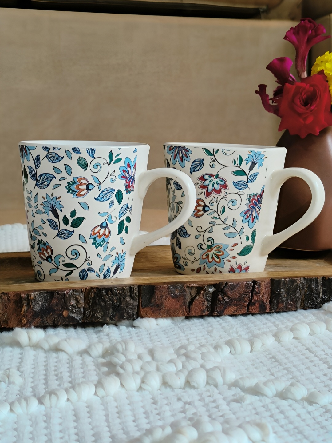 

NIYARA White & Blue 2 Pcs Floral Printed Ceramic Glossy Cups 350 ml