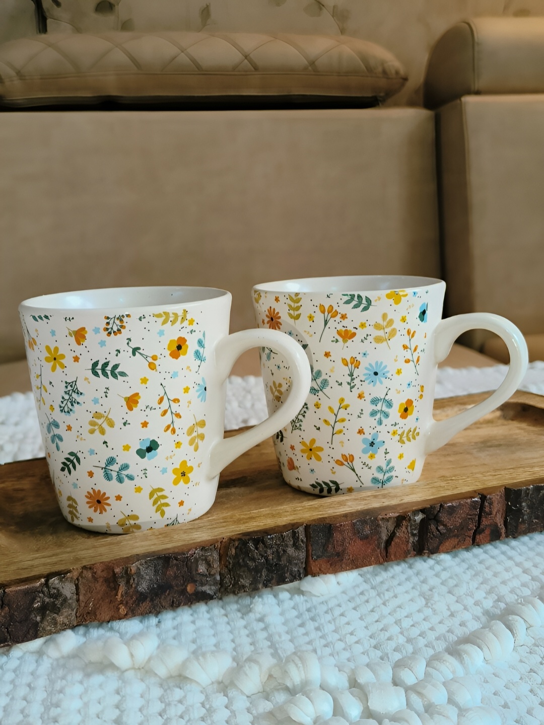 

NIYARA White & Yellow 2 Pcs Floral Printed Ceramic Matte Mugs 320 ml