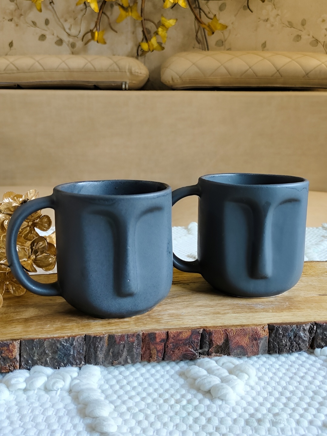 

NIYARA Black 2 Pieces Printed Ceramic Matte Mugs 350 ml