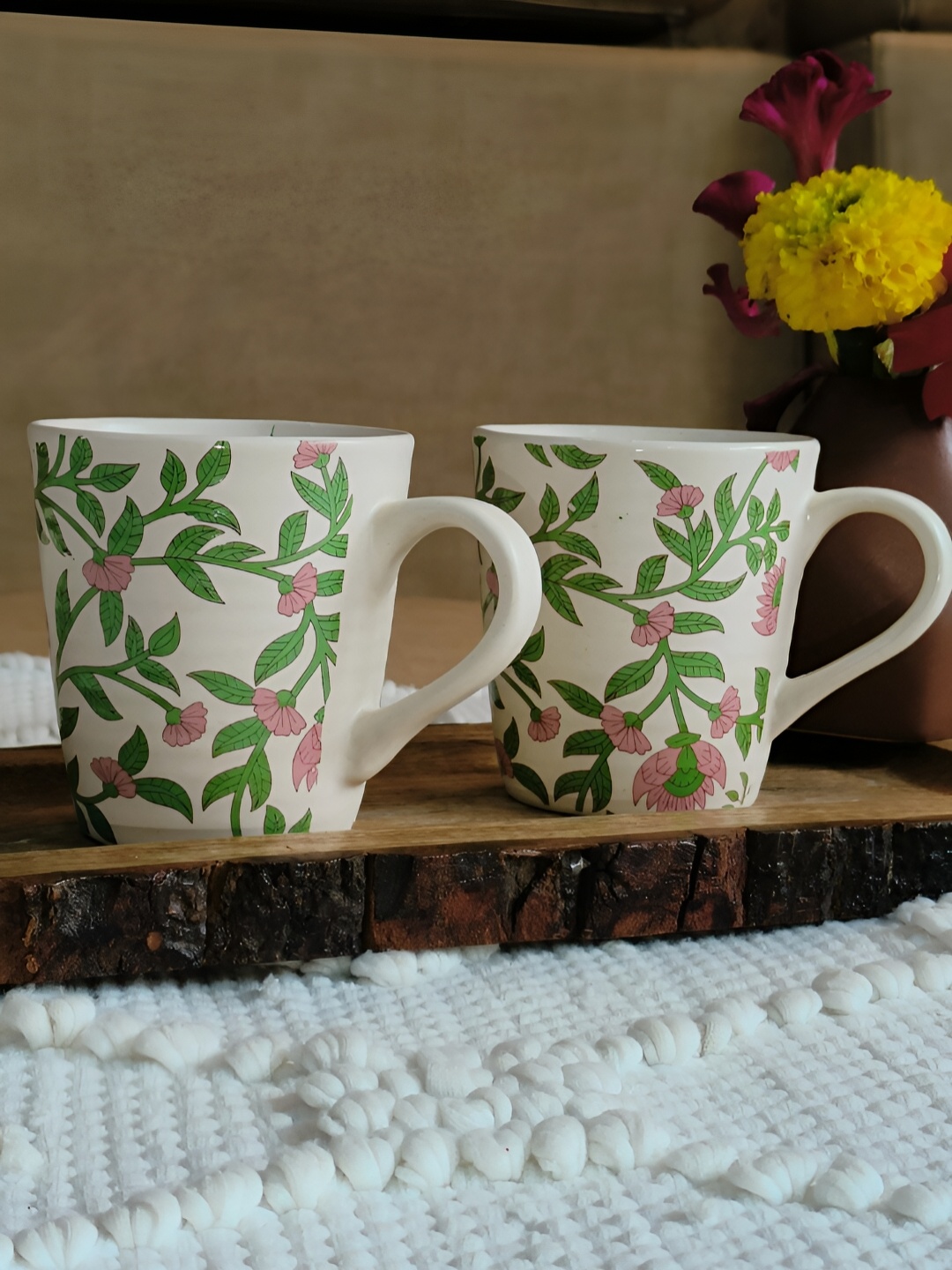 

NIYARA White & Green 2 Pcs Floral Printed Ceramic Glossy Mugs 350 ml