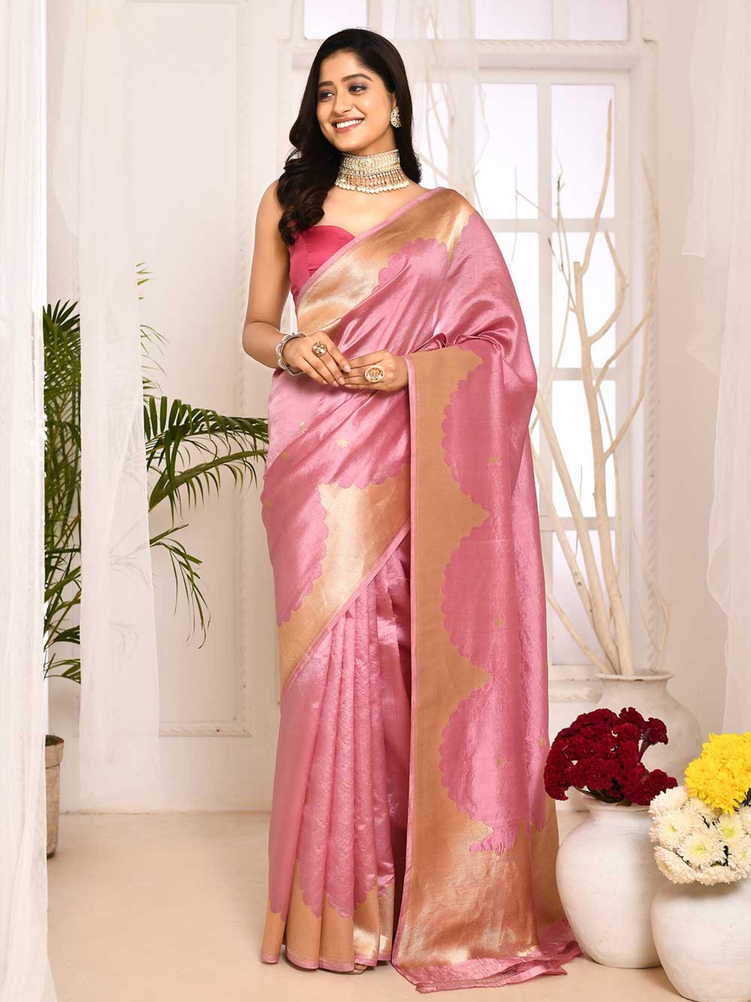 

Rasm by Muskaan Ethnic Motifs Woven Design Zari Pure Silk Saree, Pink
