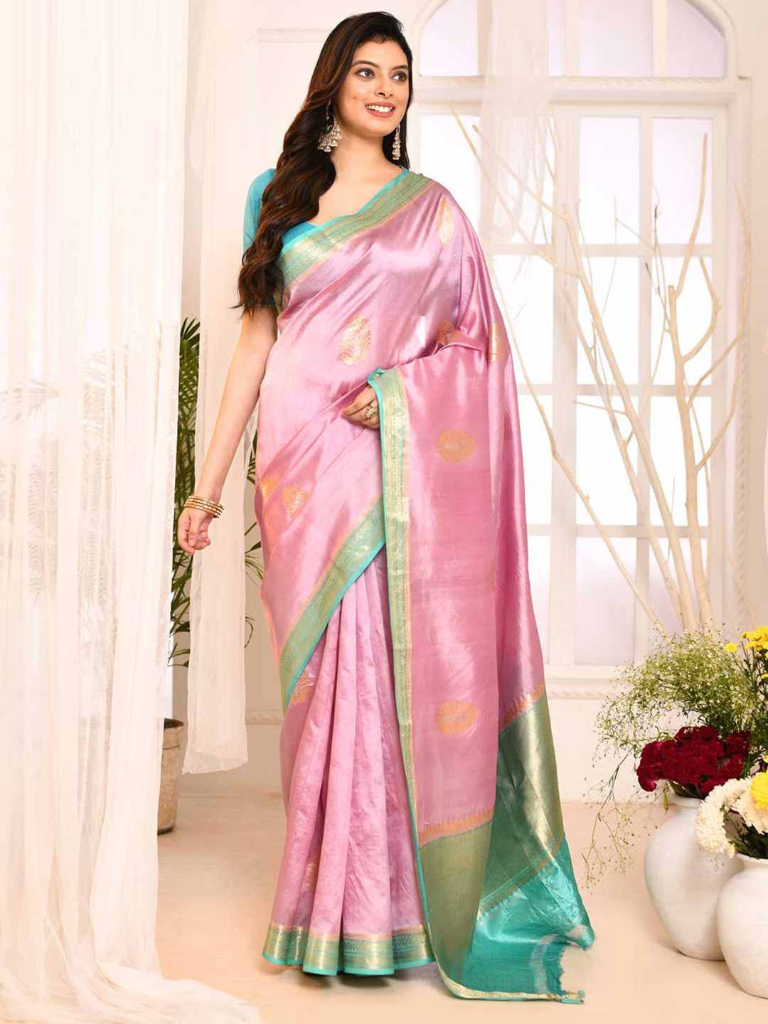 

Rasm by Muskaan Ethnic Motifs Woven Design Zari Pure Silk Saree, Pink