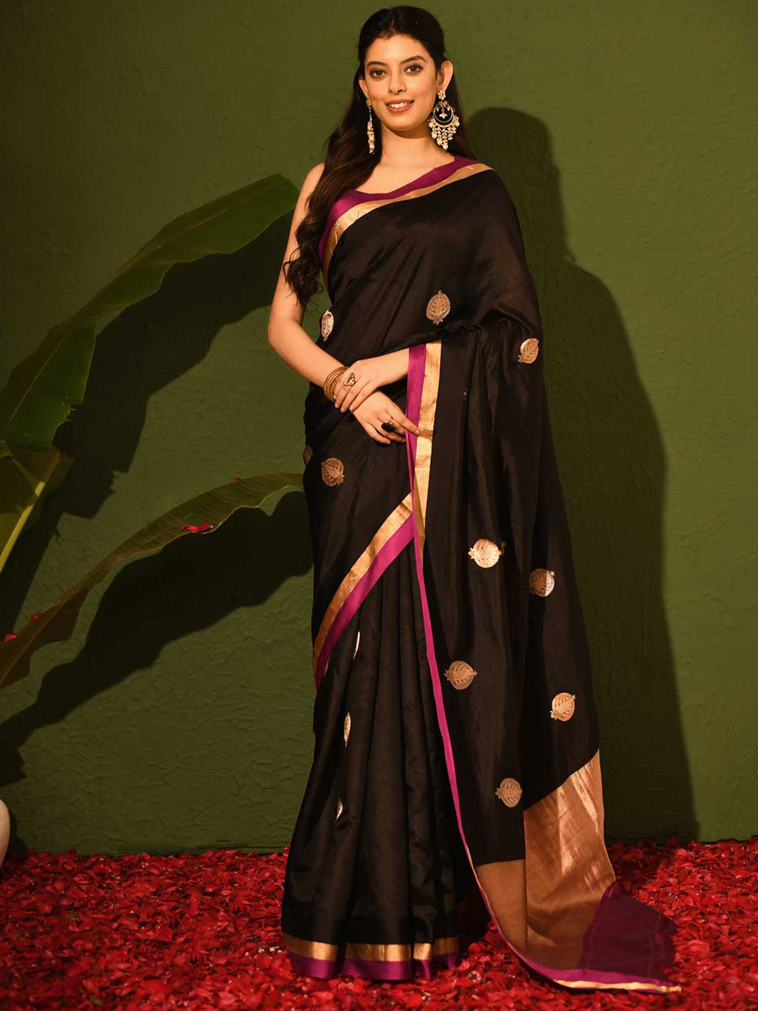 

Rasm by Muskaan Ethnic Motifs Woven Design Zari Pure Silk Saree, Black
