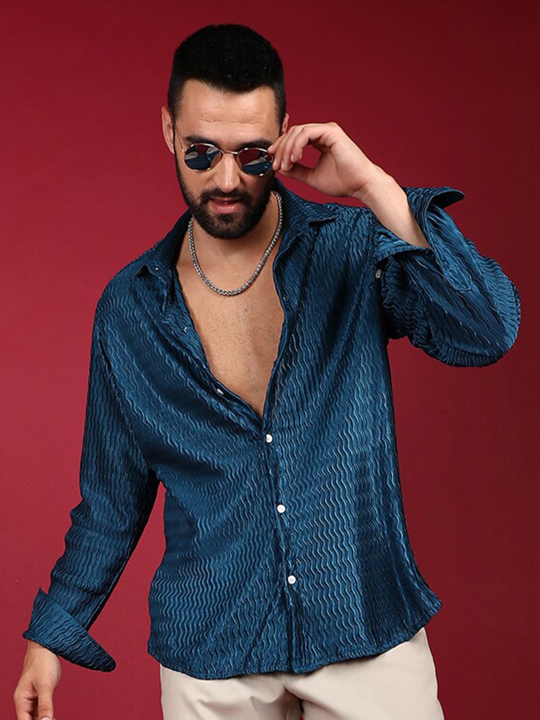 

Campus Sutra Curly-Creased Shirt, Blue