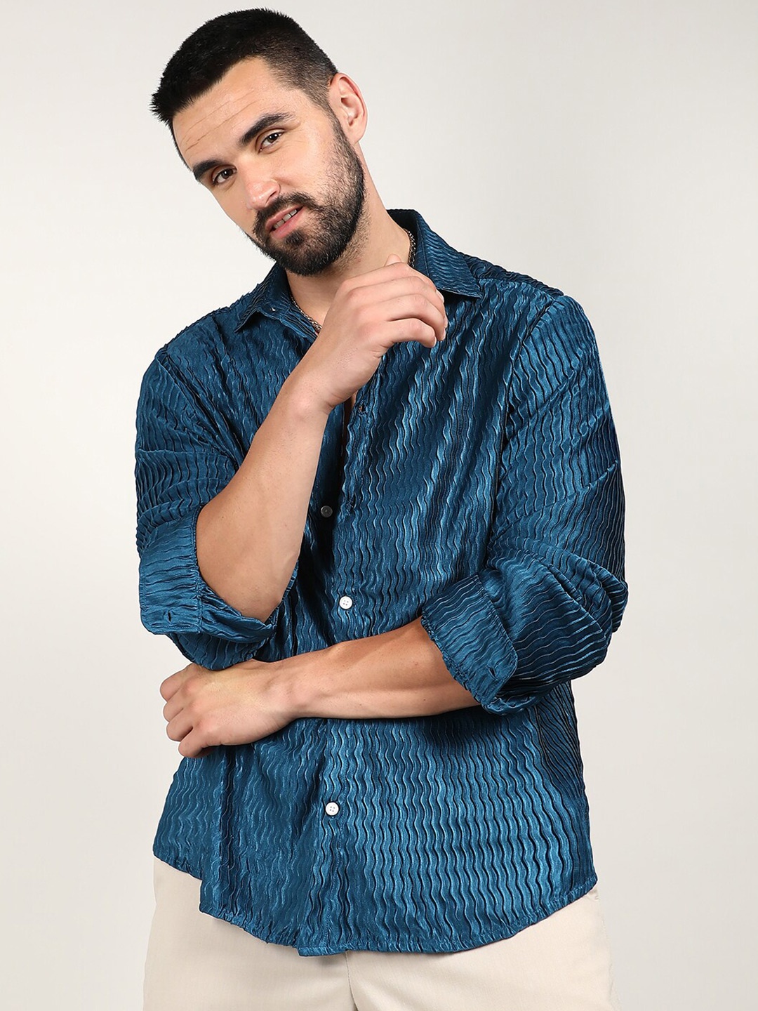

Campus Sutra Curly-Creased Shirt, Blue