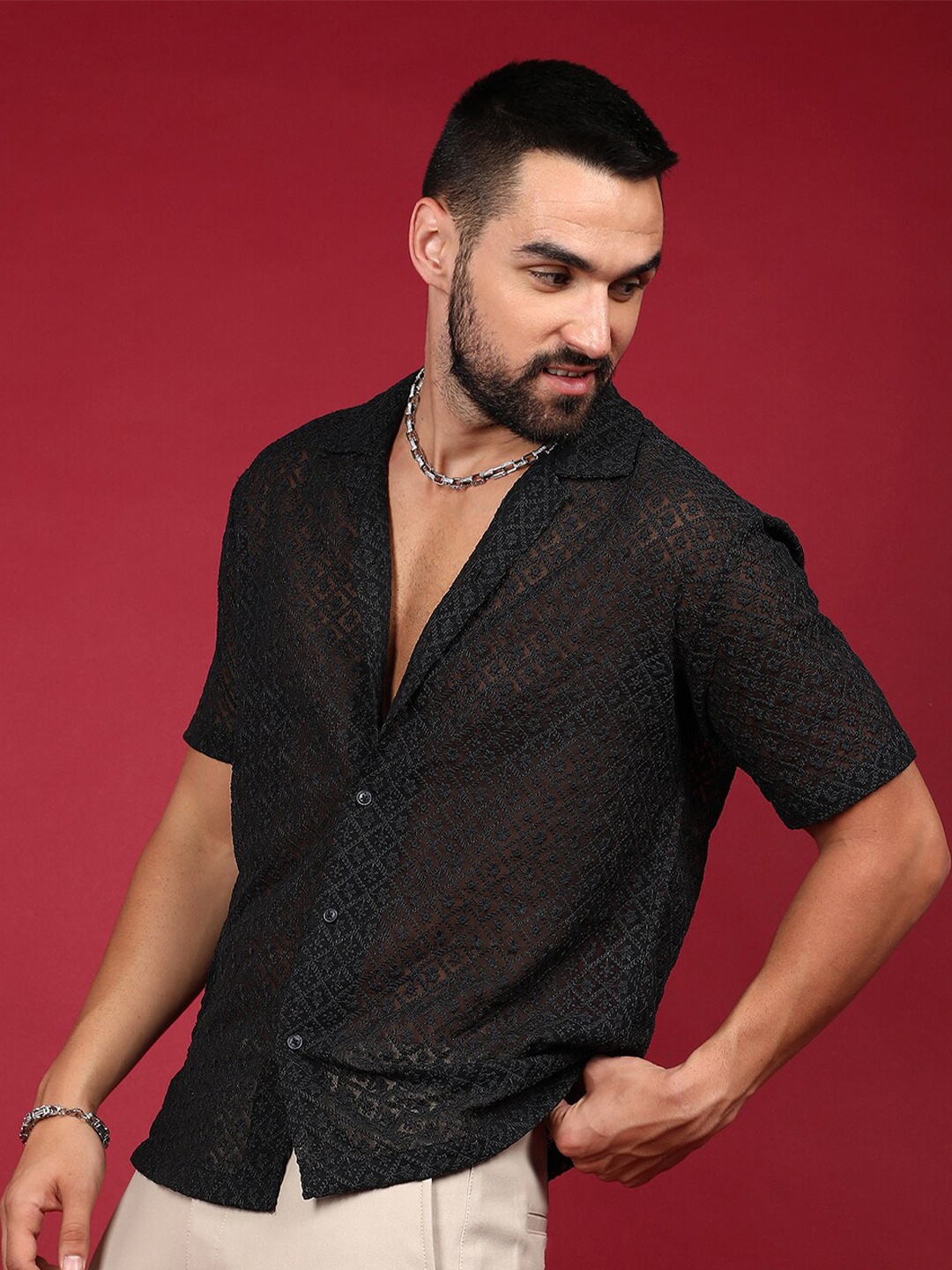 

Campus Sutra Floral Embroidered Shirt, Black
