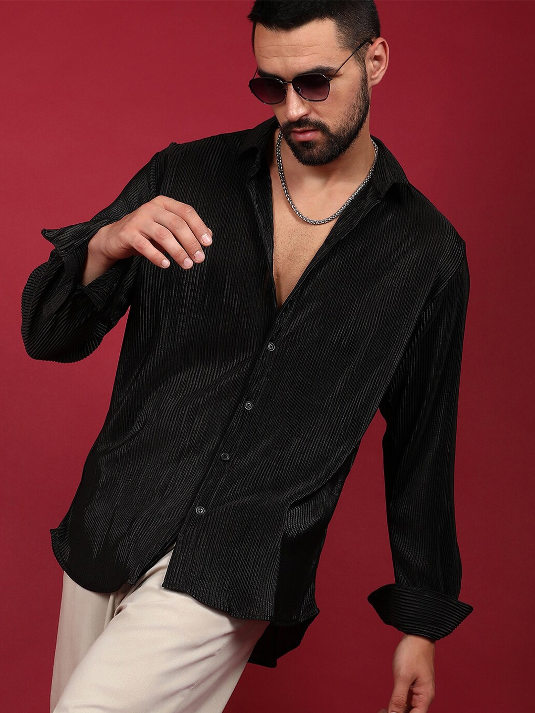 

Campus Sutra Pleat-Creased Shirt, Black