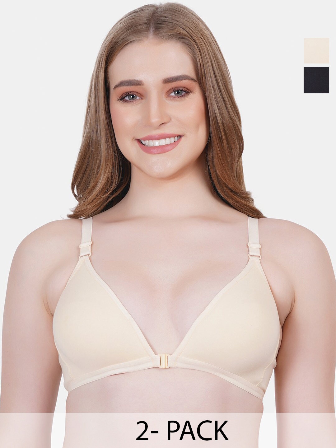 

Reveira Pack Of 2 Medium Coverage Non Padded Front Open Everyday Bra- All Day Comfort, Beige