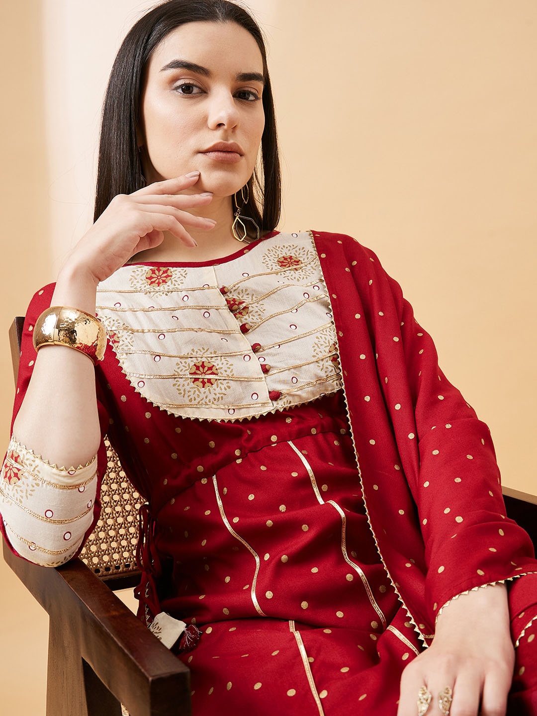 

Sangria Polka Dots Printed Gotta Patti A-Line Kurta With Sharara & Dupatta, Maroon