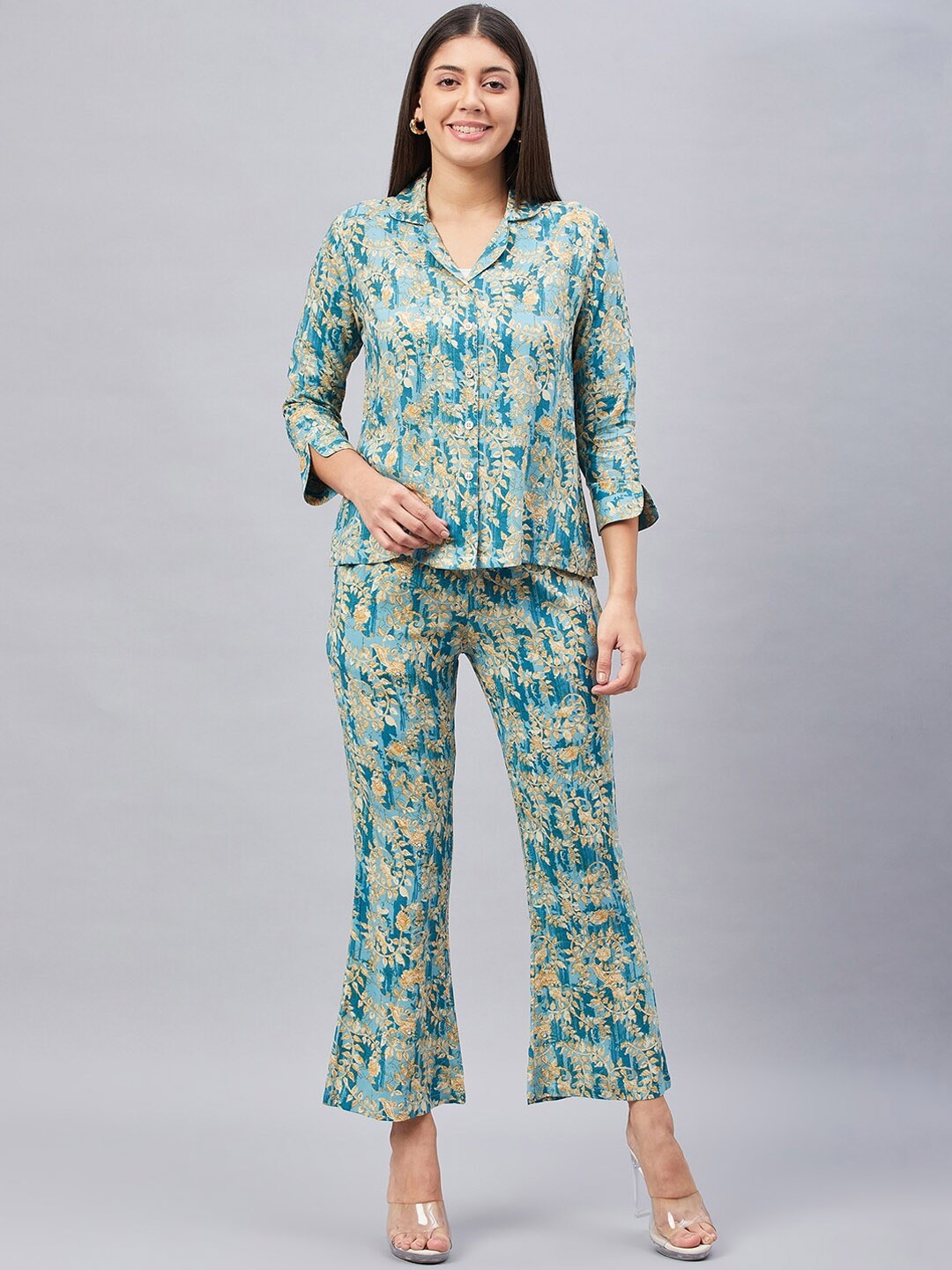 

CHROME & CORAL Floral Printed Shirt With Trousers, Turquoise blue