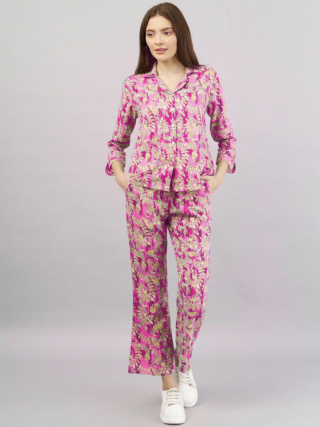 CHROME & CORAL Floral Printed Shirt With Trousers, Pink