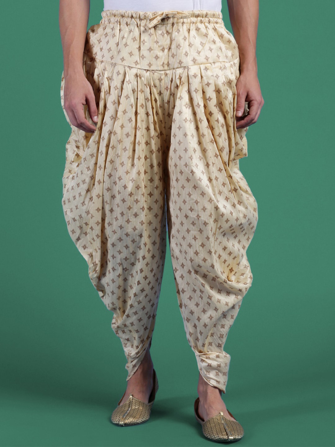 

Sangria Men Printed Gathered Art Silk Dhoti Pants, Beige