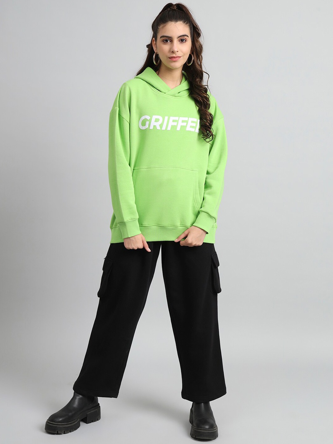 

GRIFFEL Typography Printed Hooded Fleece Cotton Tracksuit, Green