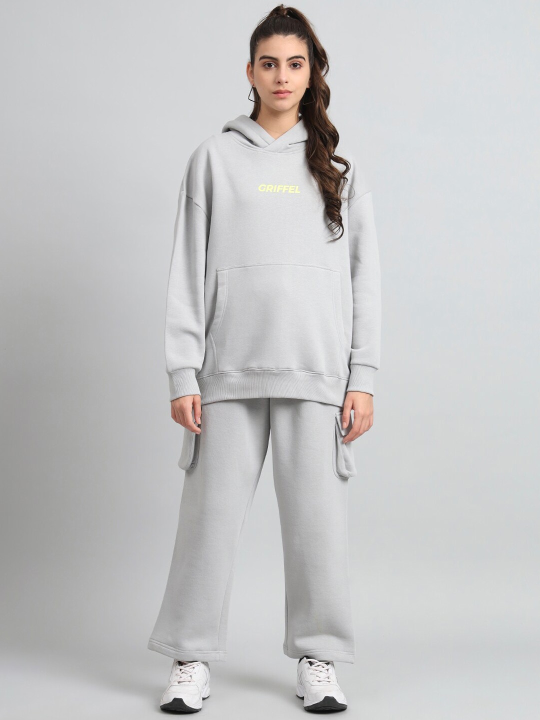 

GRIFFEL Printed Fleece Cotton Hooded Sweatshirt With Trousers, Grey melange