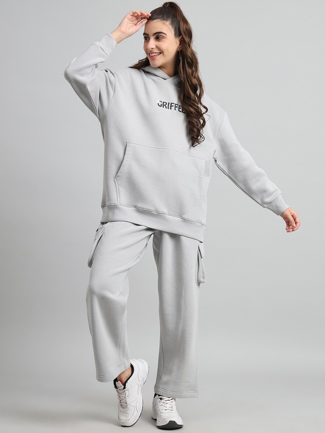 

GRIFFEL Graphic Printed Hooded Fleece Cotton Sweatshirt With Trousers, Grey melange