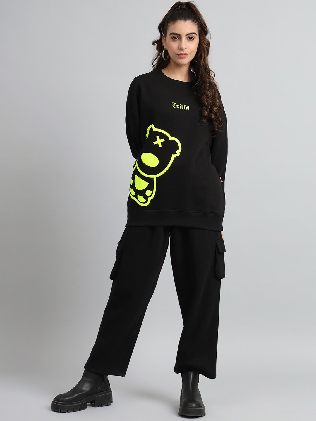 

GRIFFEL Graphic Printed Hooded Mid-Rise Tracksuits, Black