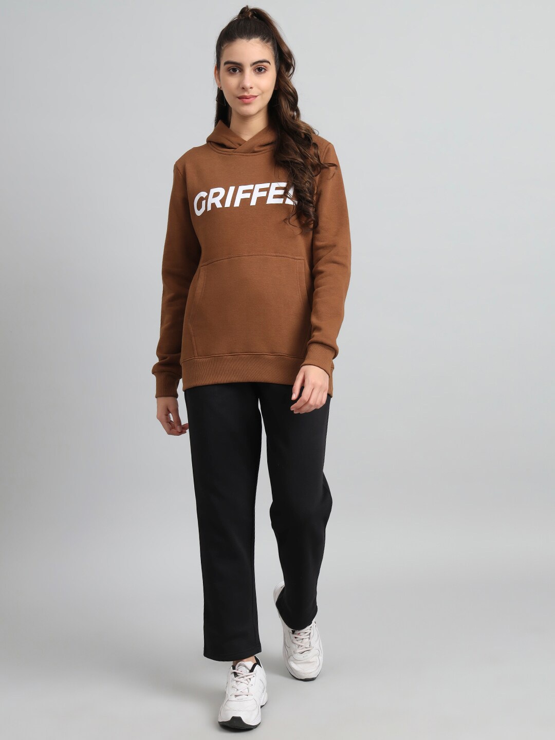 

GRIFFEL Typography Printed Hooded Fleece Cotton Tracksuit, Brown