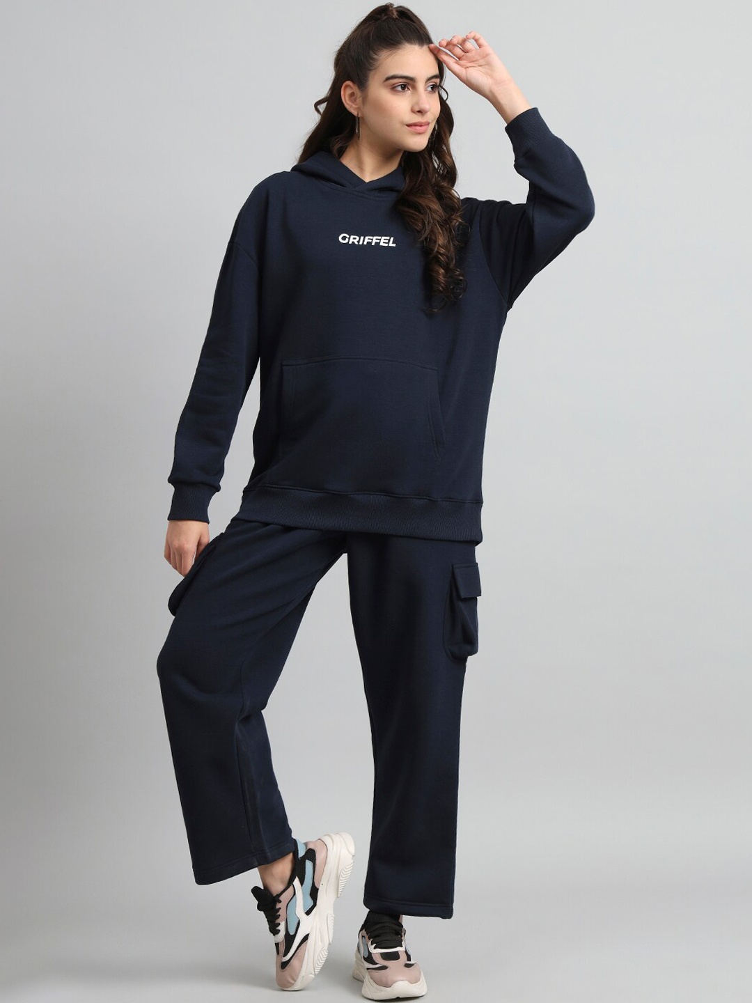 

GRIFFEL Typography Printed Hooded Fleece Cotton Tracksuit, Navy blue