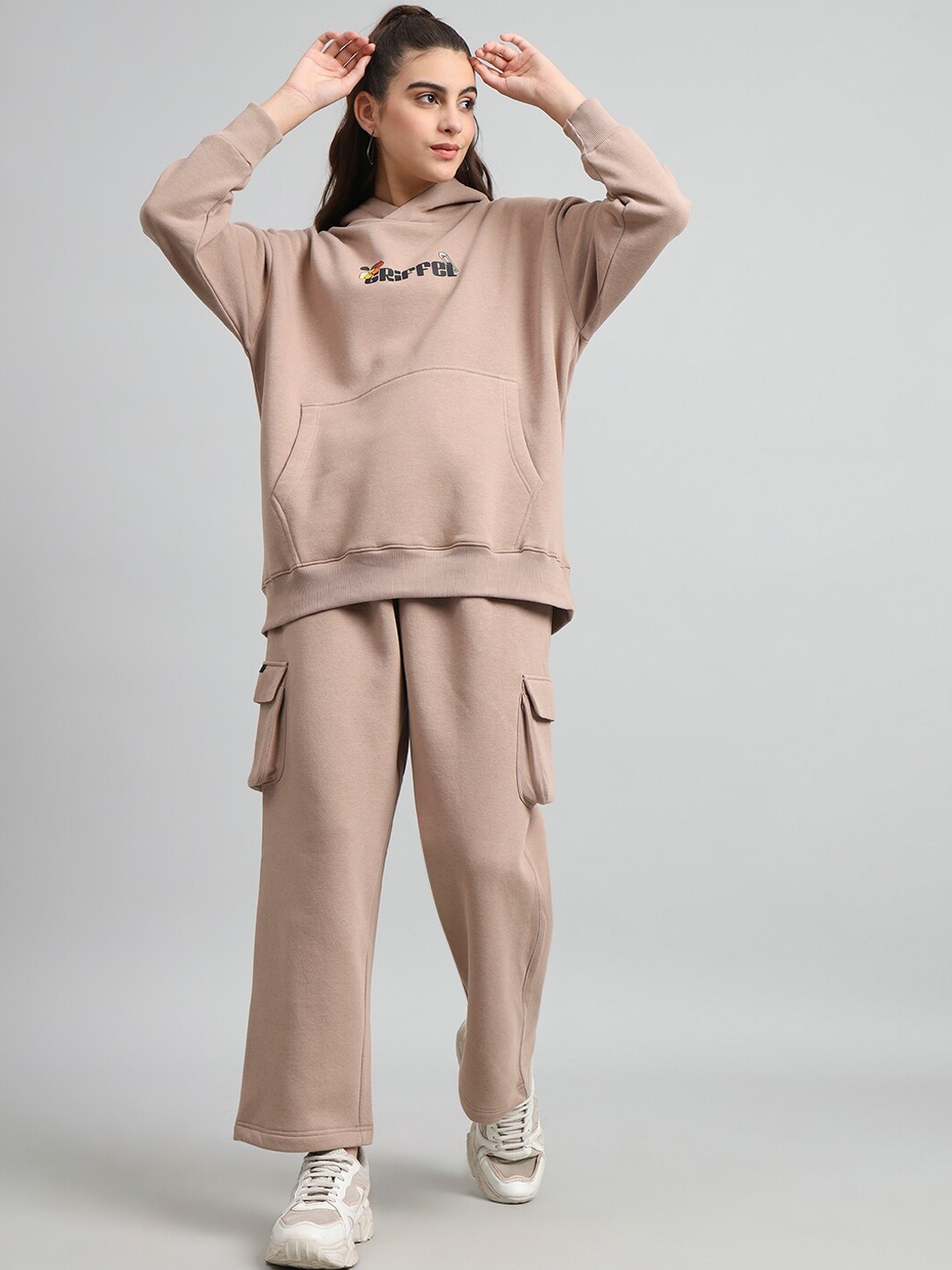 

GRIFFEL Typography Printed Hooded Fleece Cotton Tracksuit, Camel brown