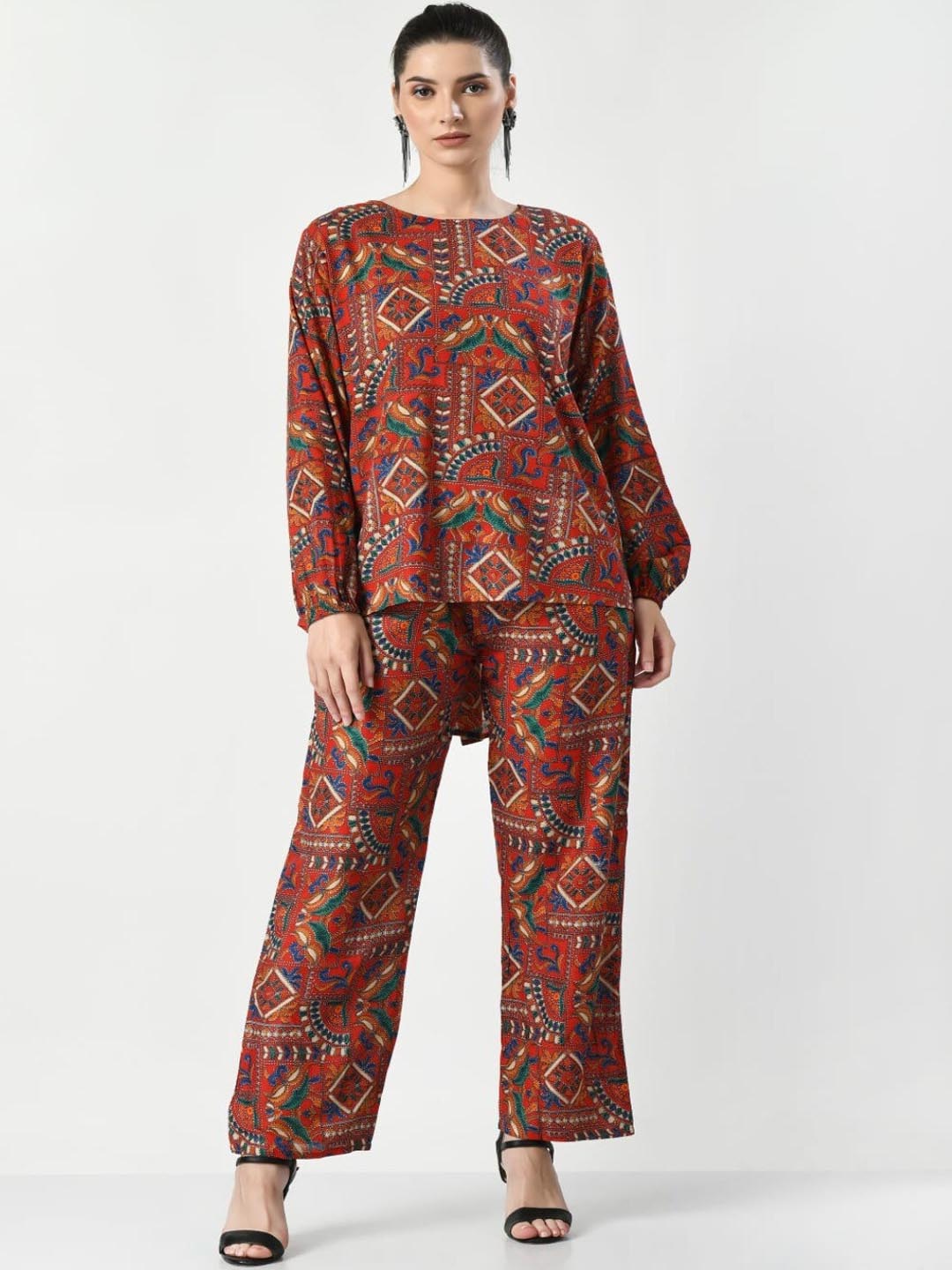 

BAESD Printed Puff Sleeves Top With Trouser, Red