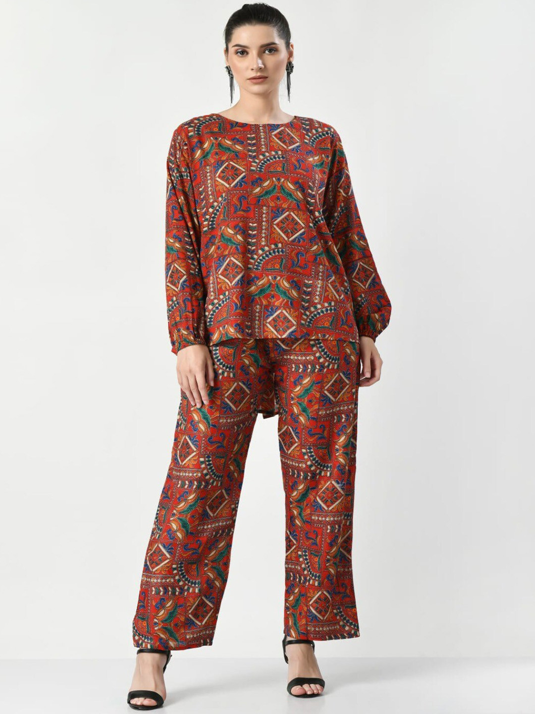

BAESD Printed Puff Sleeves Top With Trouser, Orange