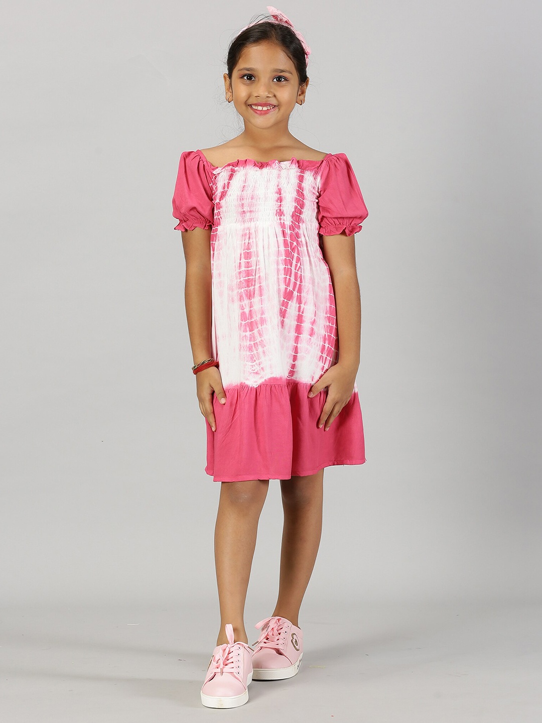 

KiddoPanti Girls Tie and Dye Printed Off -shoulder Puff Sleeve A-Line Dress, Pink