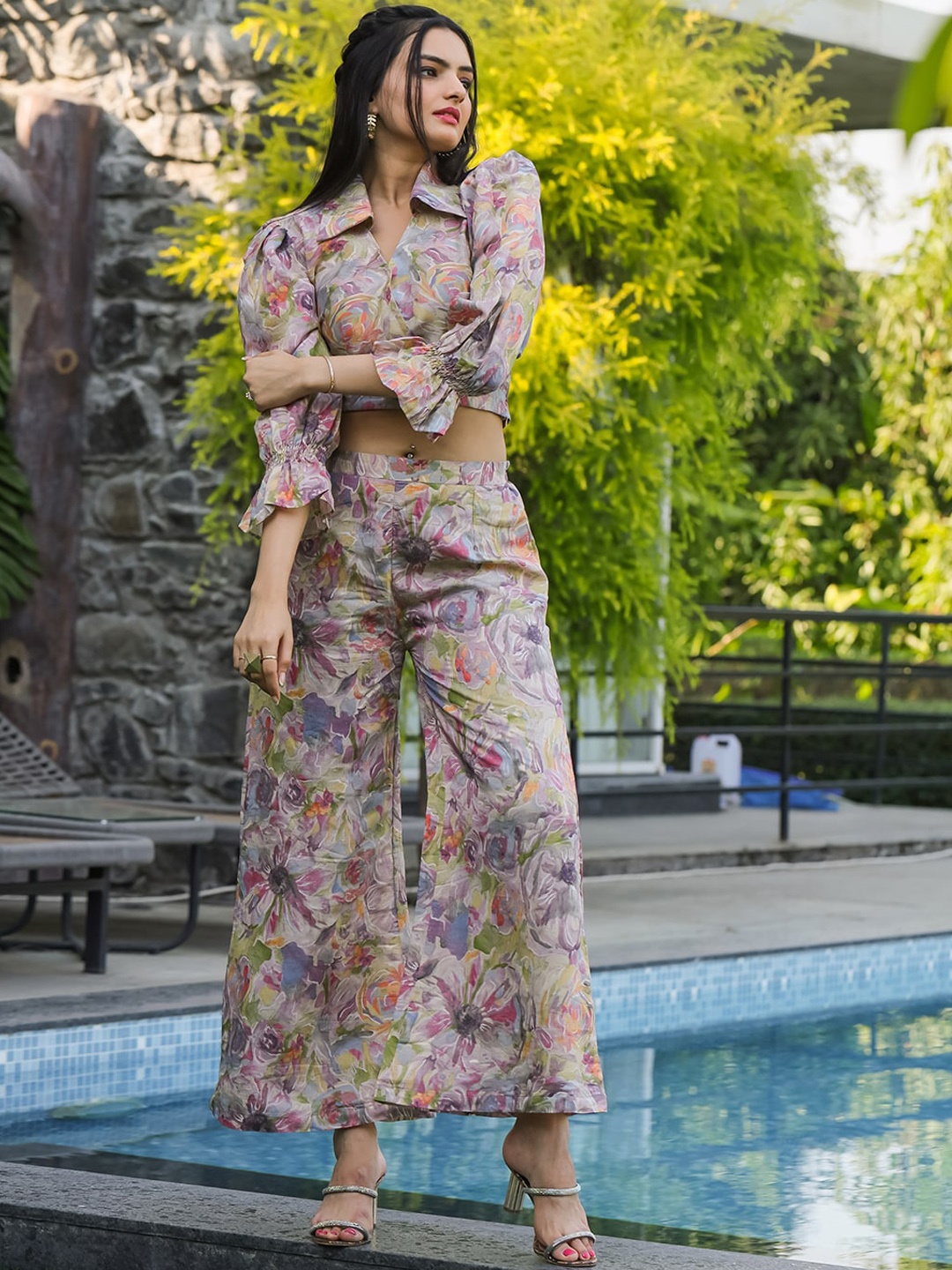 

Tikhi Imli Lavender Printed Poet Sleeve Crop Top With Palazzos
