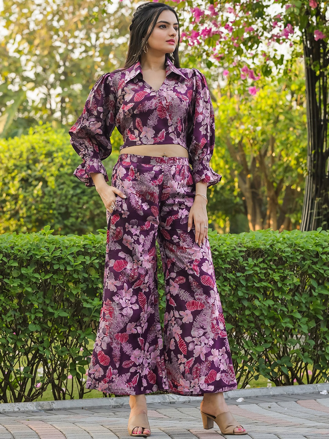 

Tikhi Imli Purple Printed Top With Palazzos
