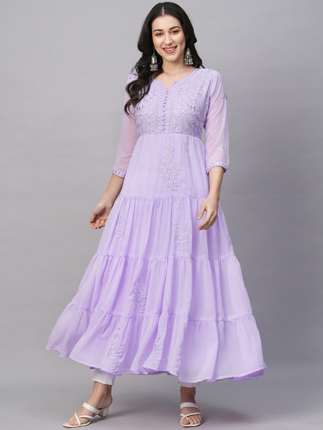 

RATAN Notch Neck Ethnic Embroidered Georgette A Line Kurta, Purple