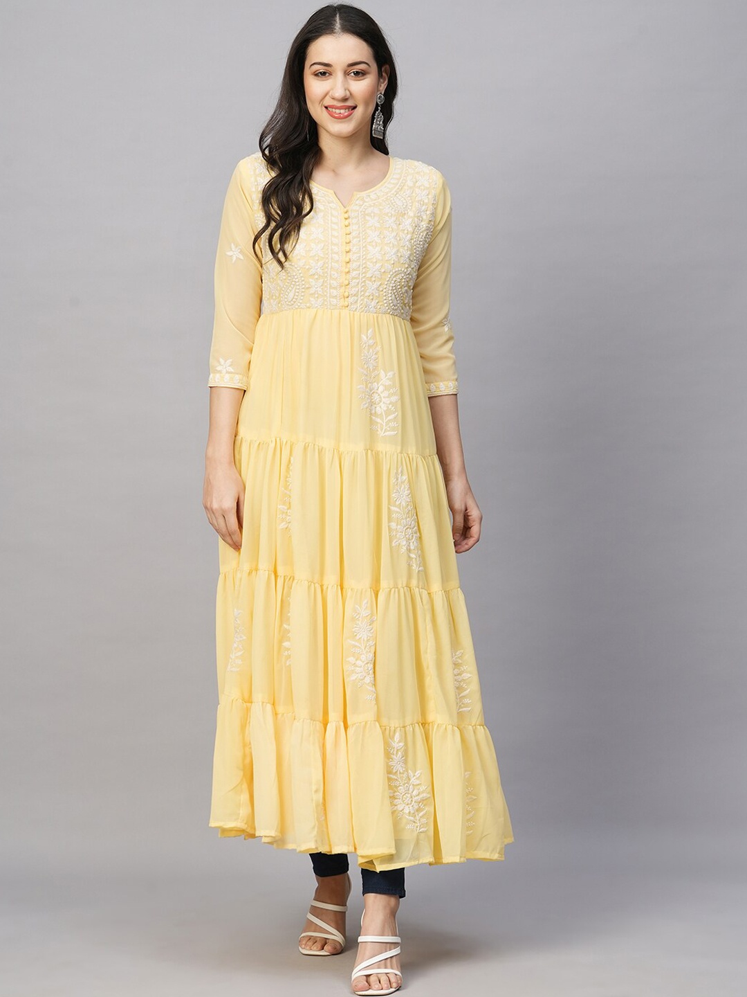 RATAN Notch Neck Ethnic Embroidered Georgette A Line Kurta, Yellow
