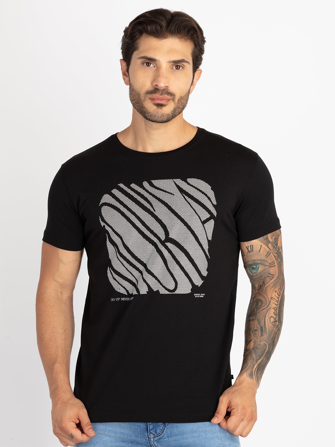 

Status Quo Men Printed Raw Edge T-shirt, Black