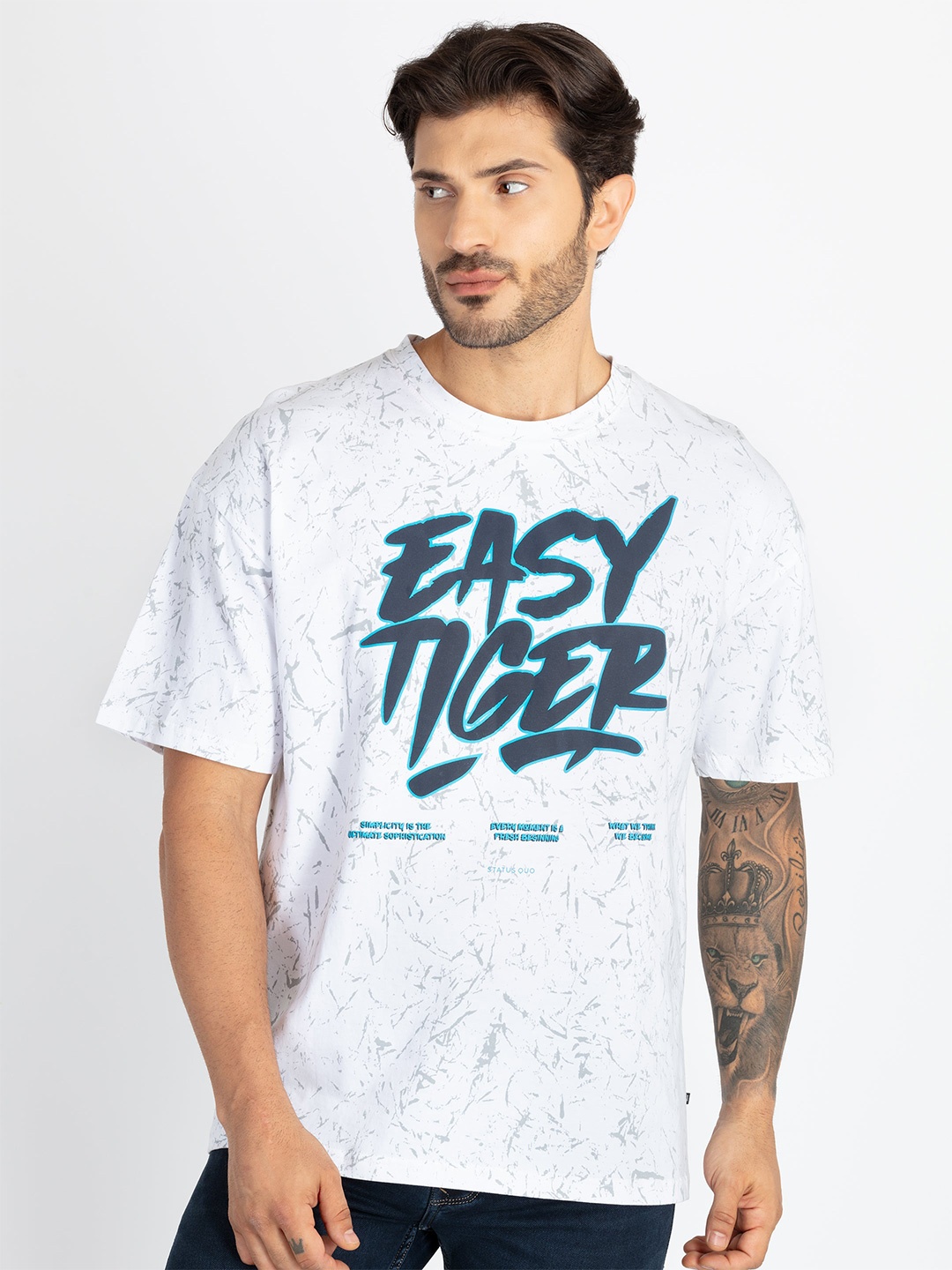 Status Quo Men Typography Printed Pure Cotton Raw Edge T-shirt, White