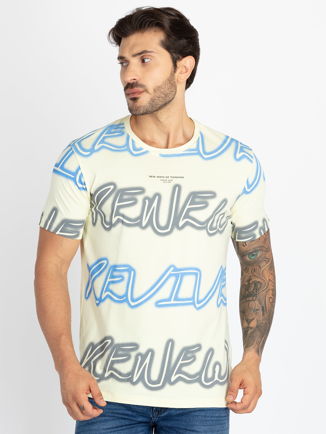 

Status Quo Men Typography Printed Pure Cotton Cut Outs T-shirt, Yellow