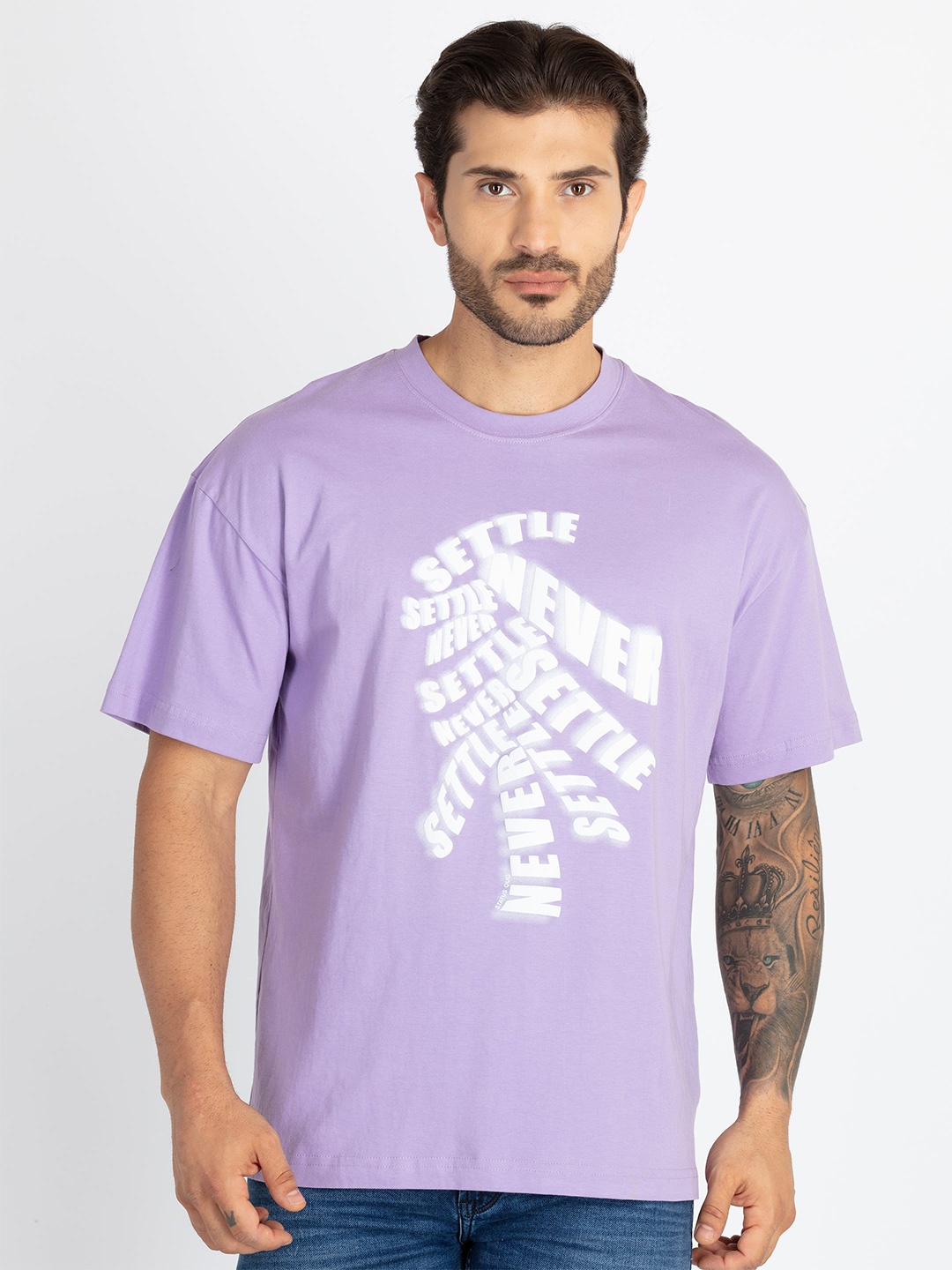 

Status Quo Men Typography Printed Pure Cotton Raw Edge T-shirt, Lavender