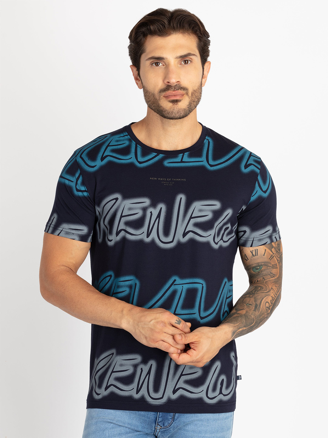 

Status Quo Men Typography Printed Pure Cotton Cut Outs T-shirt, Navy blue