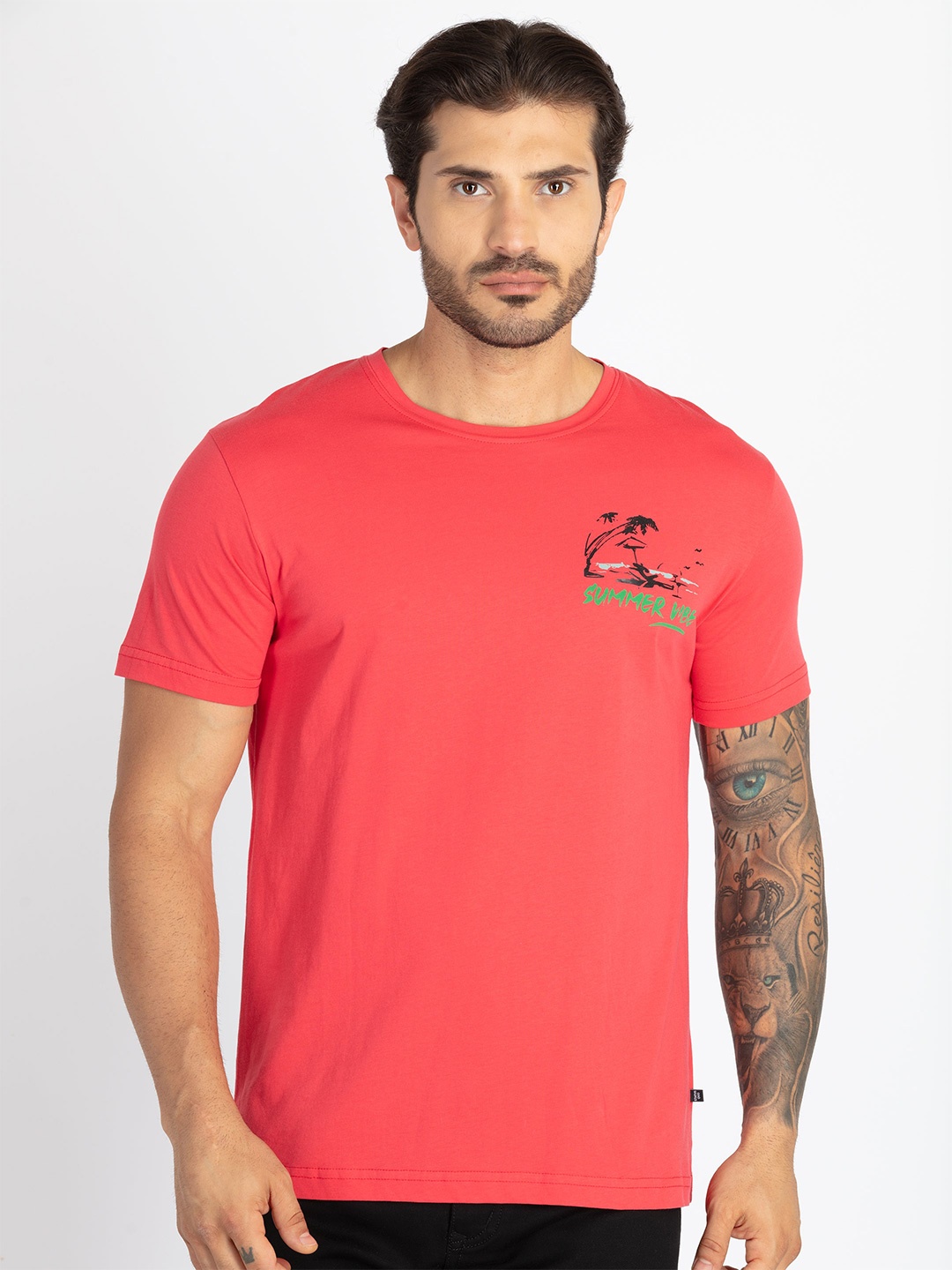 

Status Quo Men Typography Printed Pure Cotton Applique T-shirt, Coral