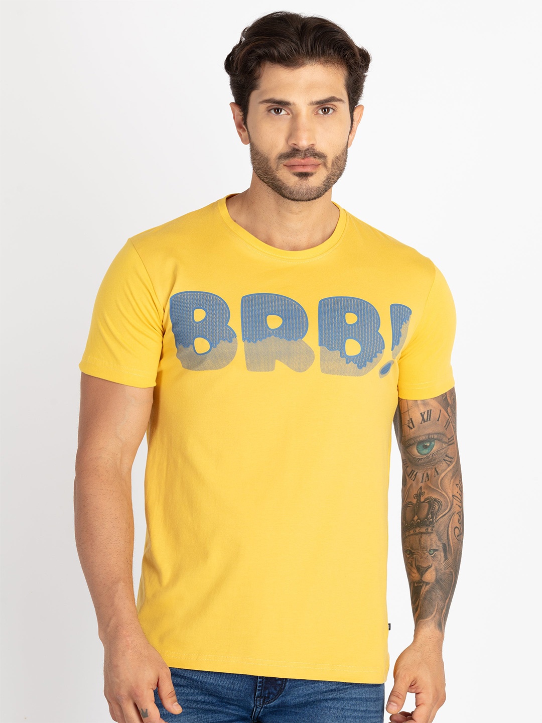 Status Quo Men Typography Printed Applique T-shirt, Gold