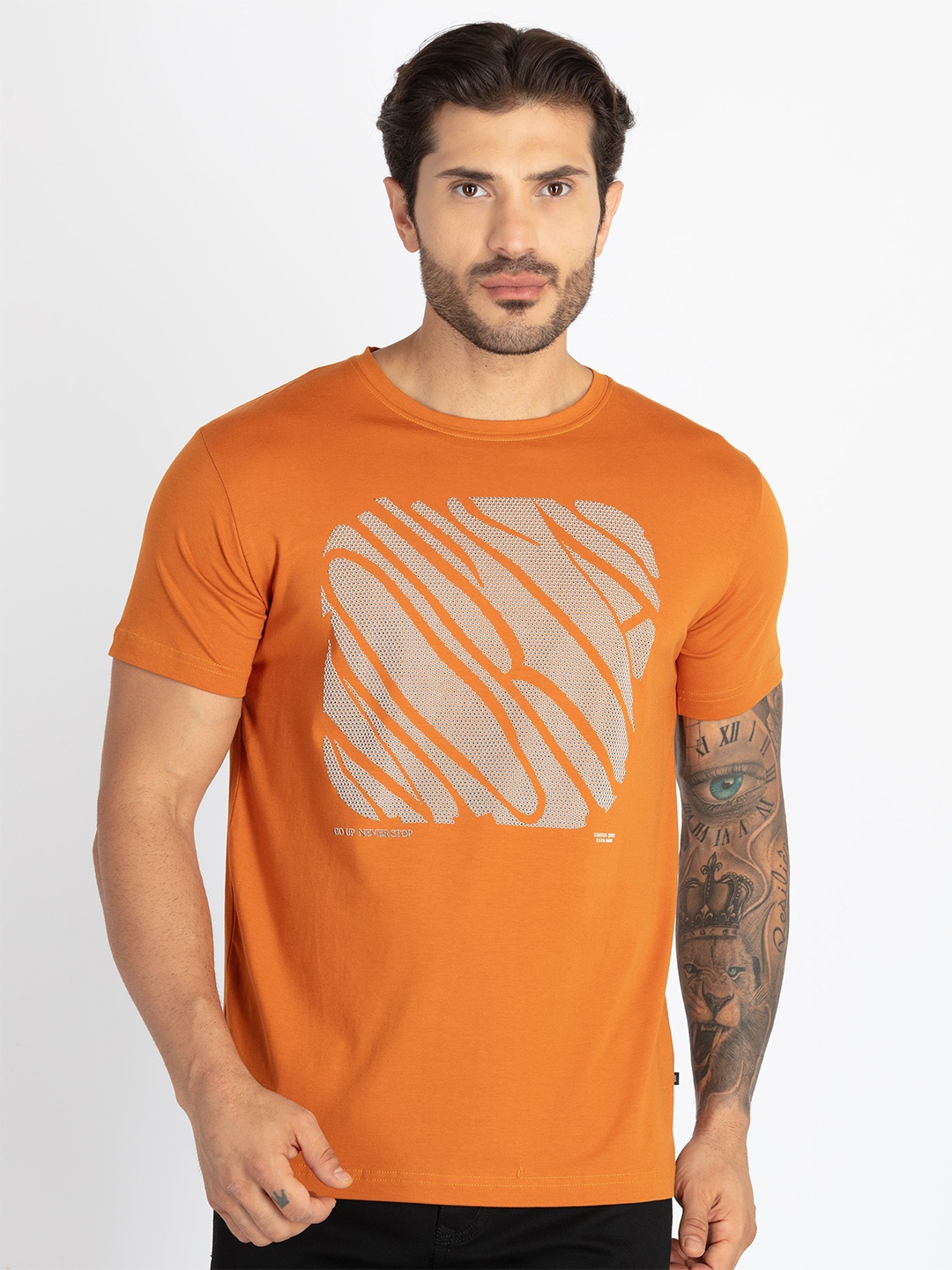 

Status Quo Men Typography Printed Raw Edge T-shirt, Mustard