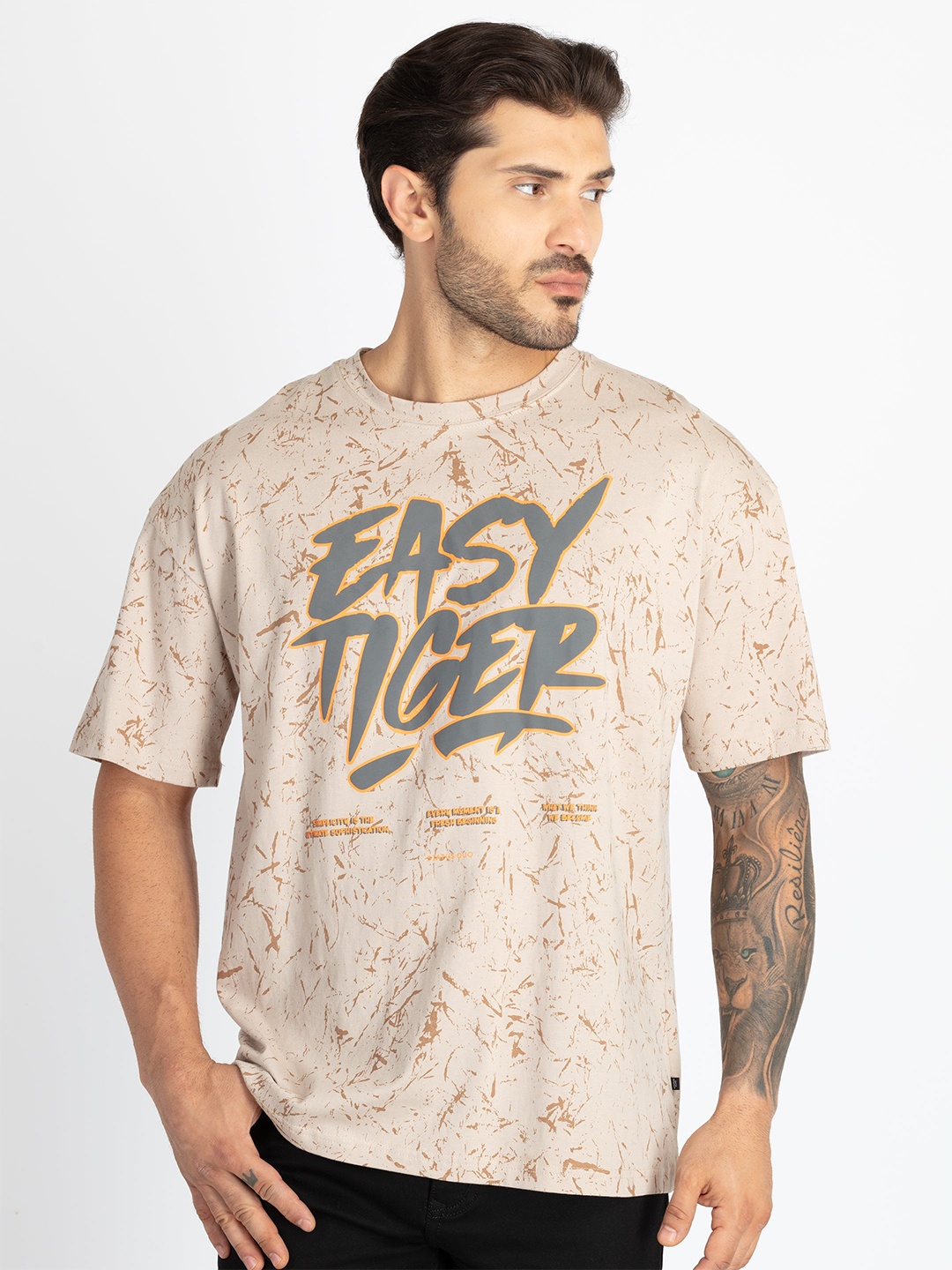 

Status Quo Men Typography Printed Pure Cotton T-shirt, Beige