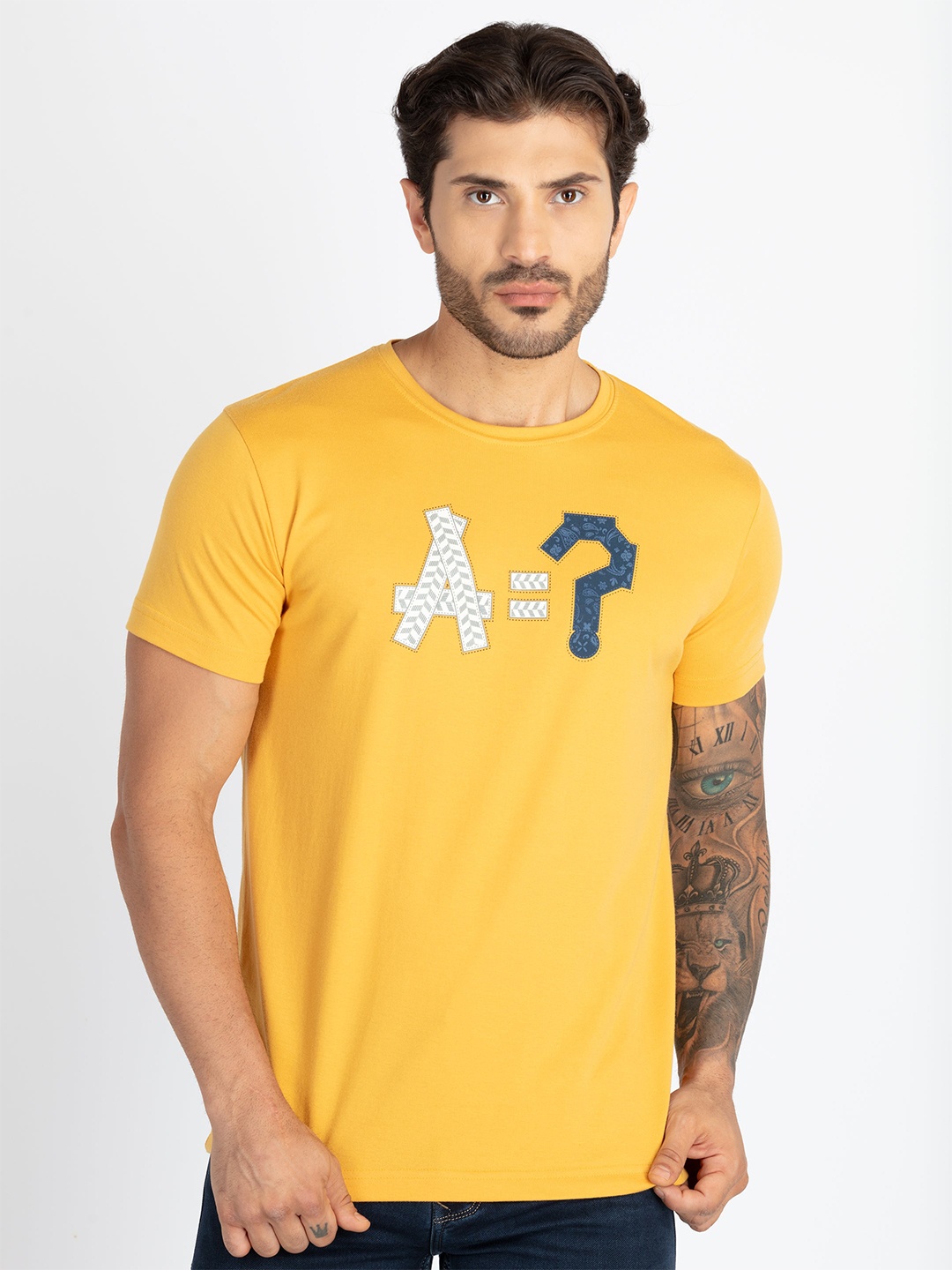 

Status Quo Men Typography Printed Applique T-shirt, Mustard