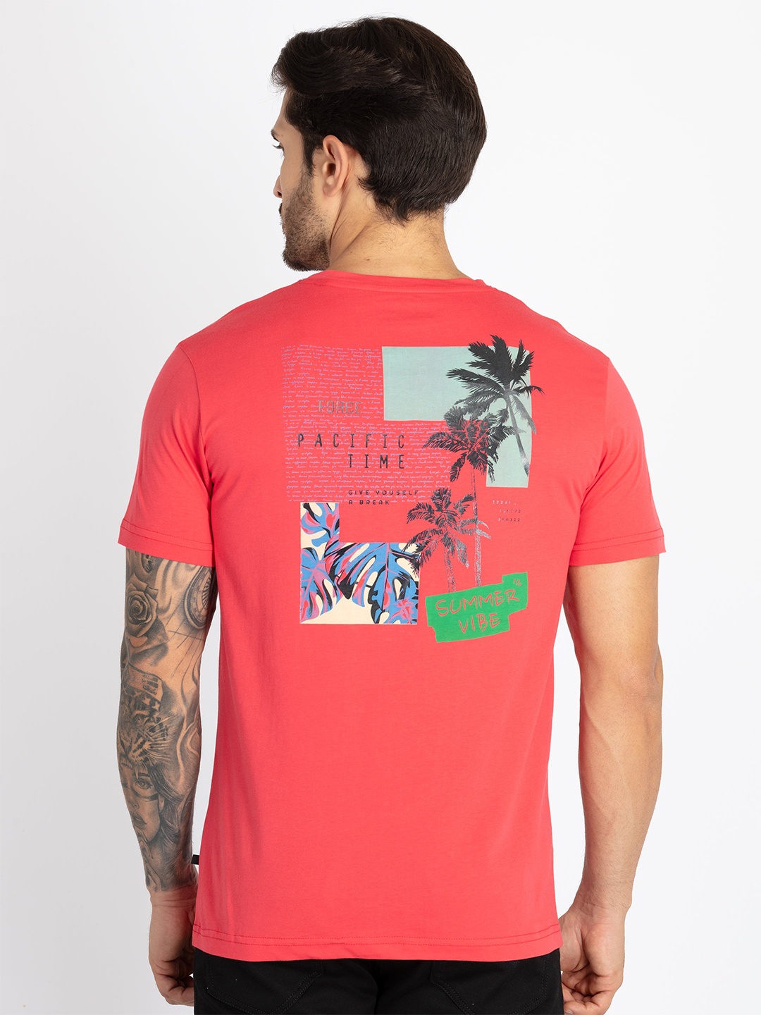 Status Quo Men Typography Printed Pure Cotton Applique T-shirt, Coral