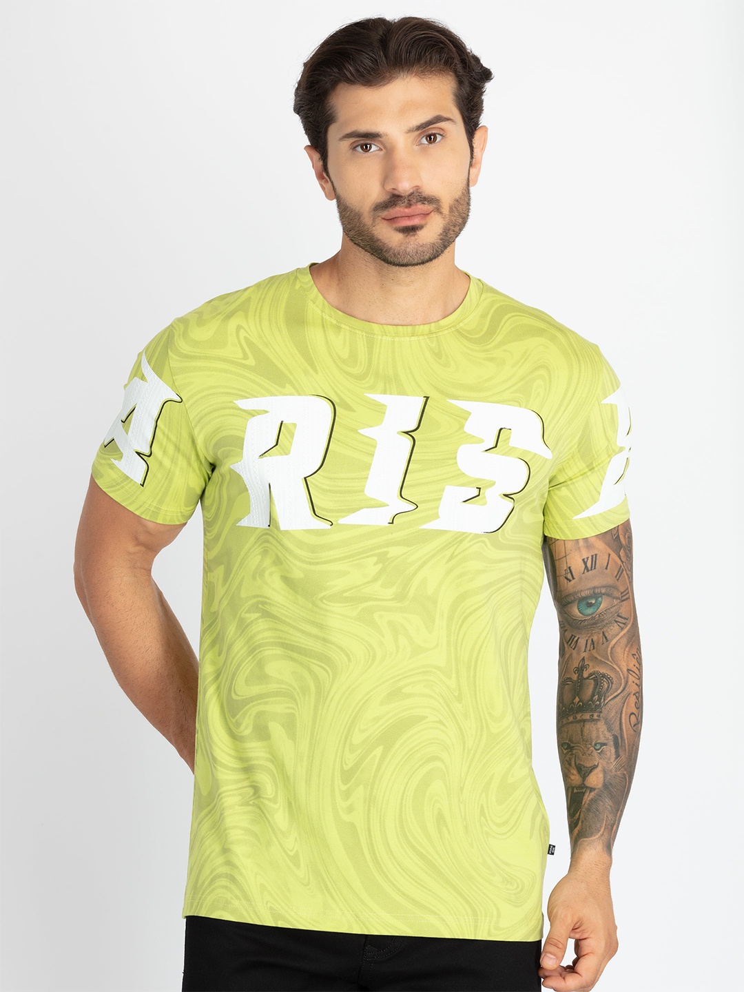 

Status Quo Men Floral Printed Pure Cotton Applique T-shirt, Green