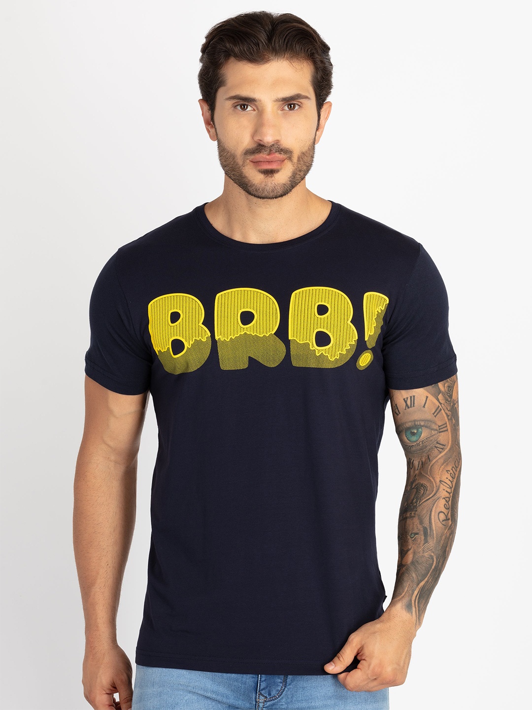 

Status Quo Men Typography Printed Applique T-shirt, Navy blue