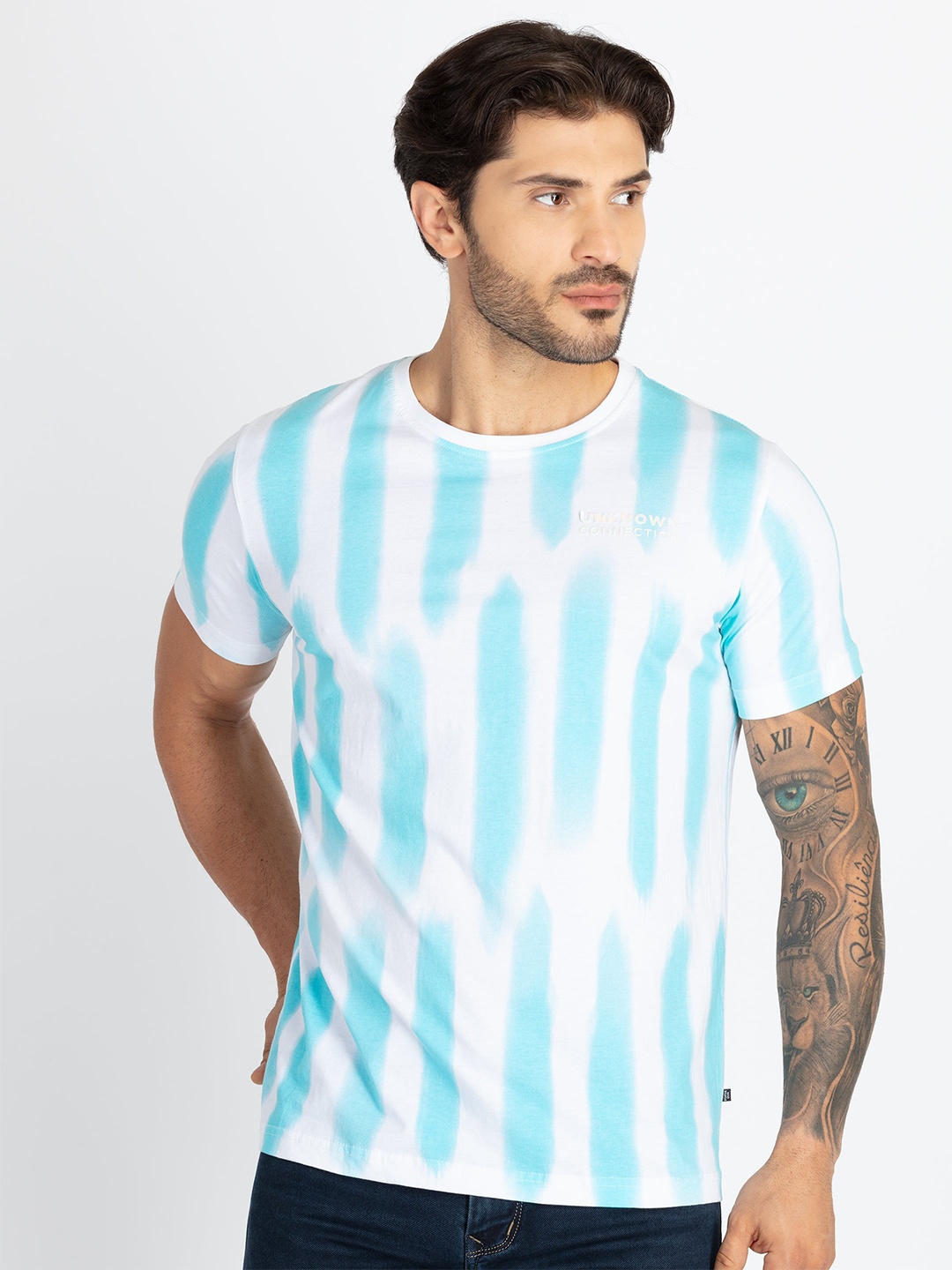 

Status Quo Men Printed Pure Cotton Raw Edge T-shirt, Blue