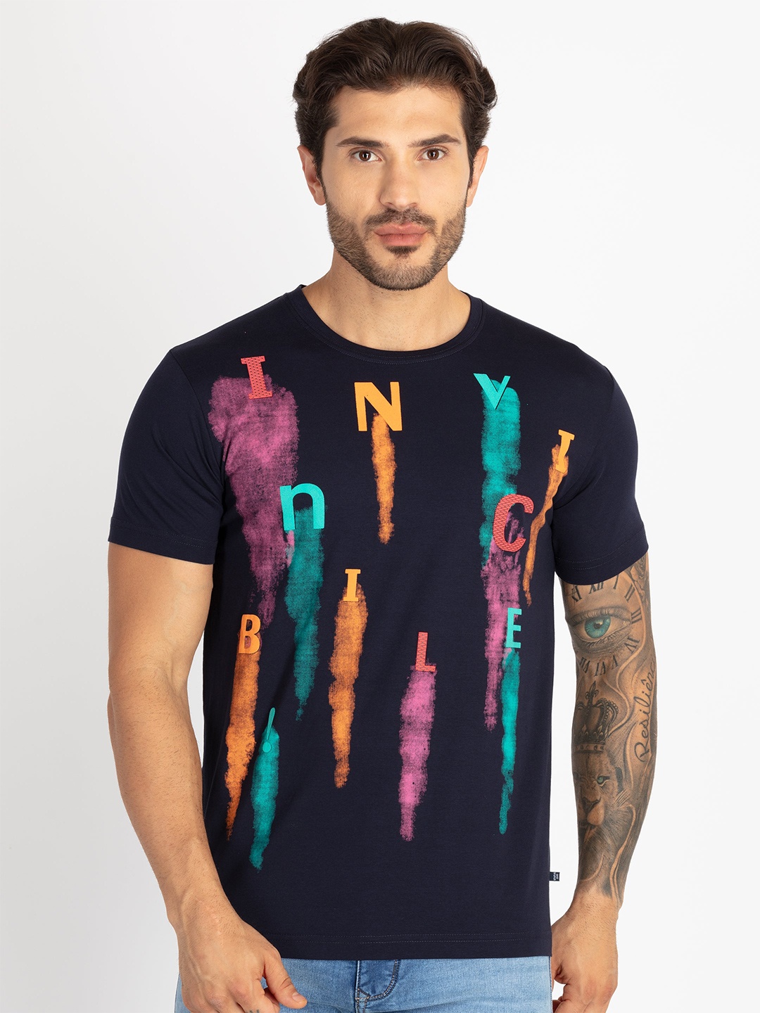 

Status Quo Men Printed Raw Edge T-shirt, Navy blue