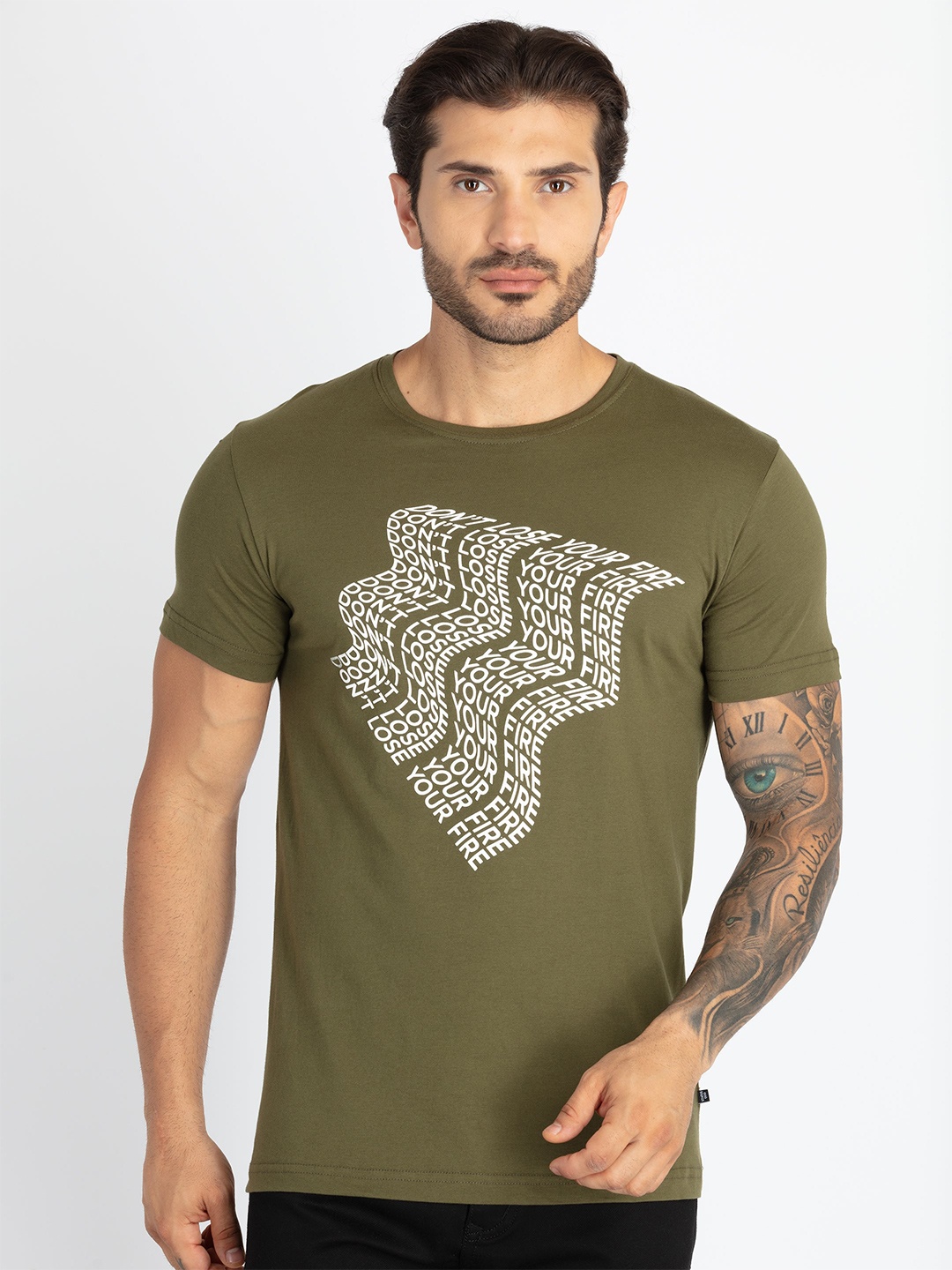 

Status Quo Men Printed Pure Cotton Applique T-shirt, Olive